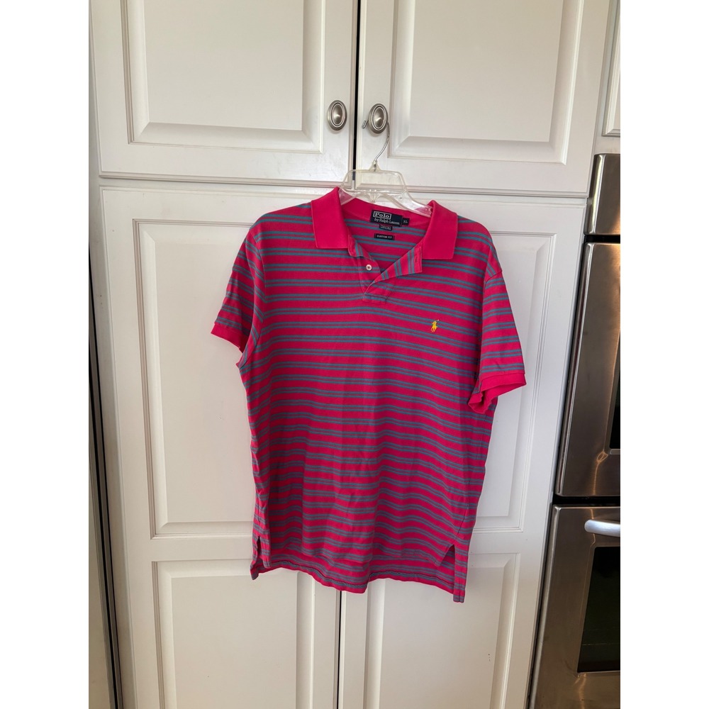 Polo Ralph Lauren Mens XL Custom Fit Striped Polo Shirt Pink Teal Yellow Pony